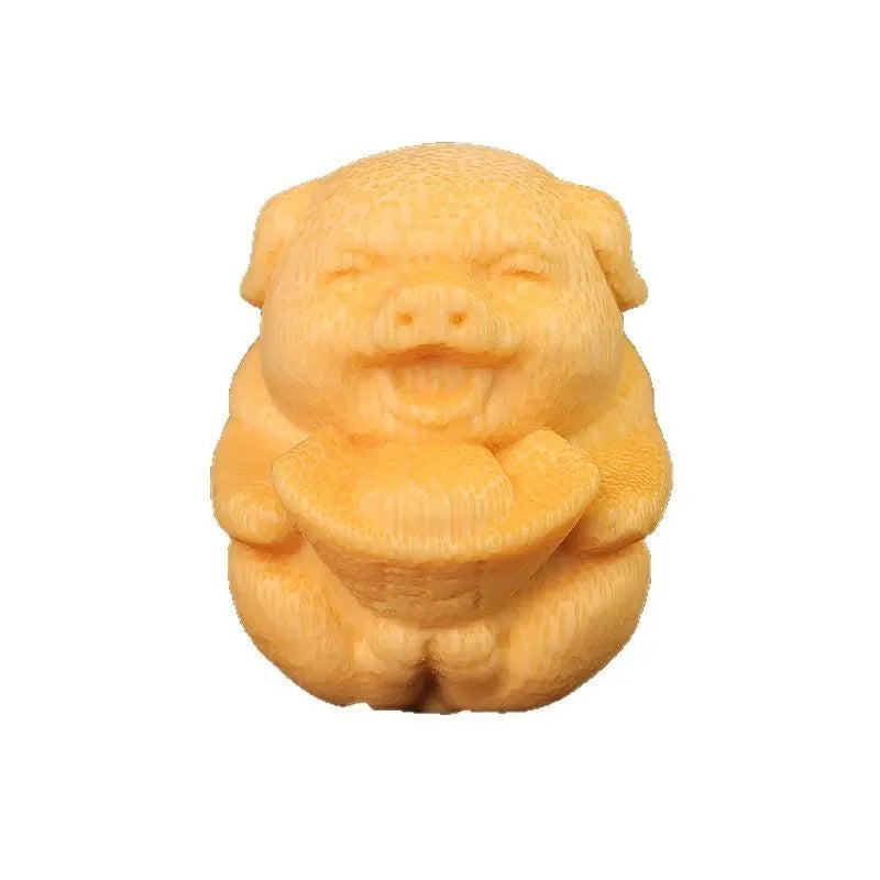 Solid bamboo carving Fulu Pig ornament measuring 4cm height with 3.5cm diameter