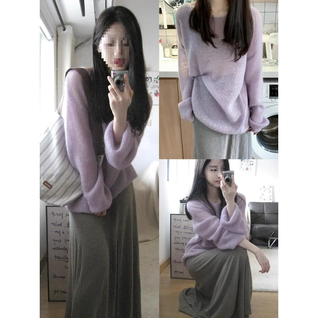 Purple women's loose hollow out blouse with princess sleeves, made from ice silk fabric.