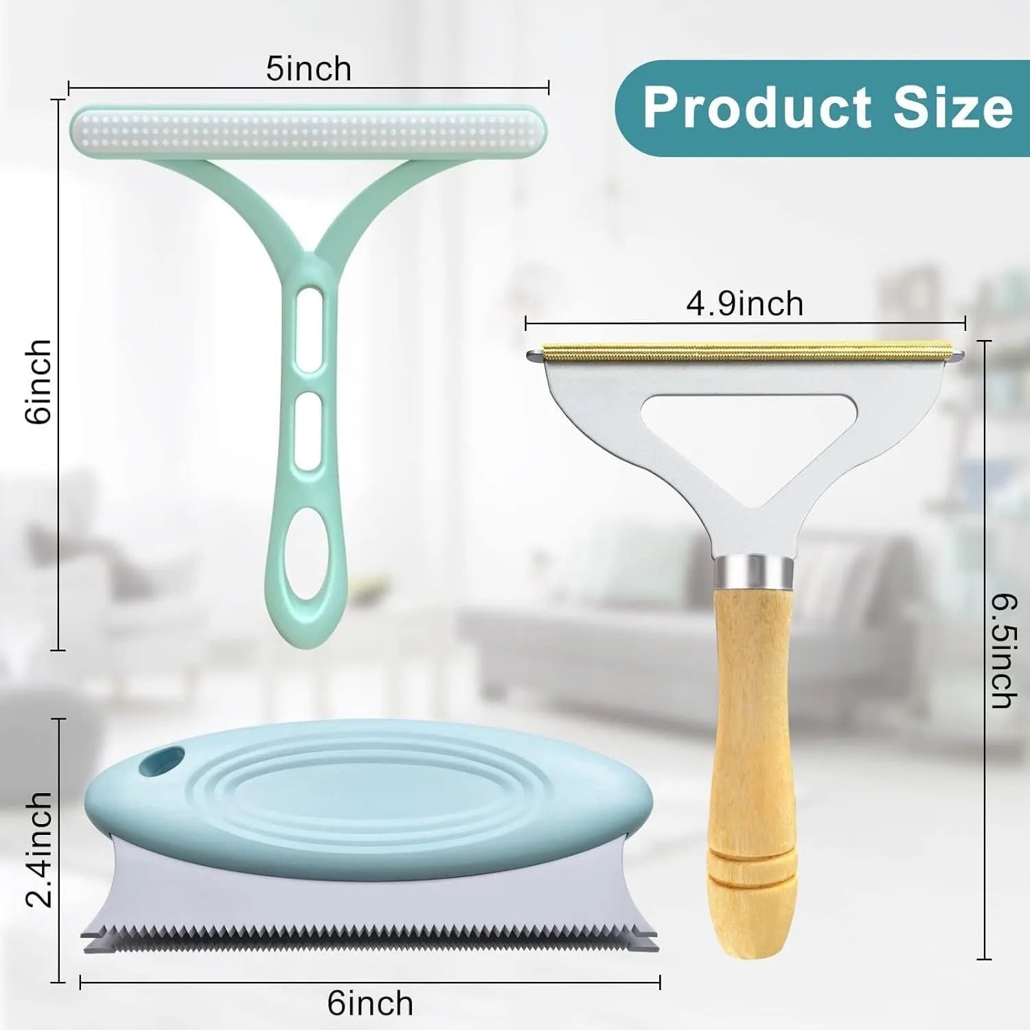 Three-piece pet hair remover set showing metal lint brush, silicone double-sided brush, and round ABS cleaner