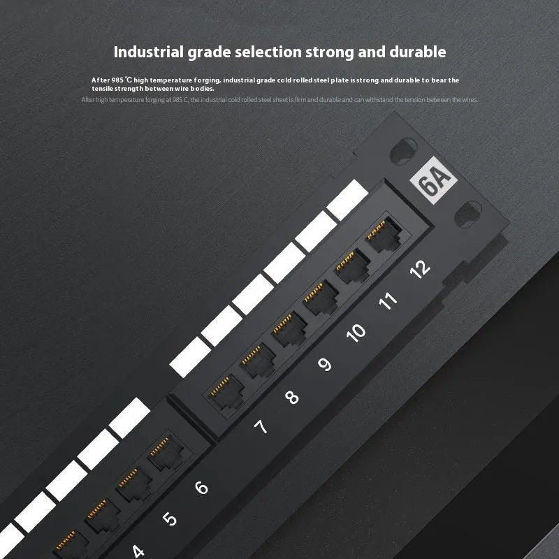 Black 12-port unshielded network patch panel made of steel for home cabling