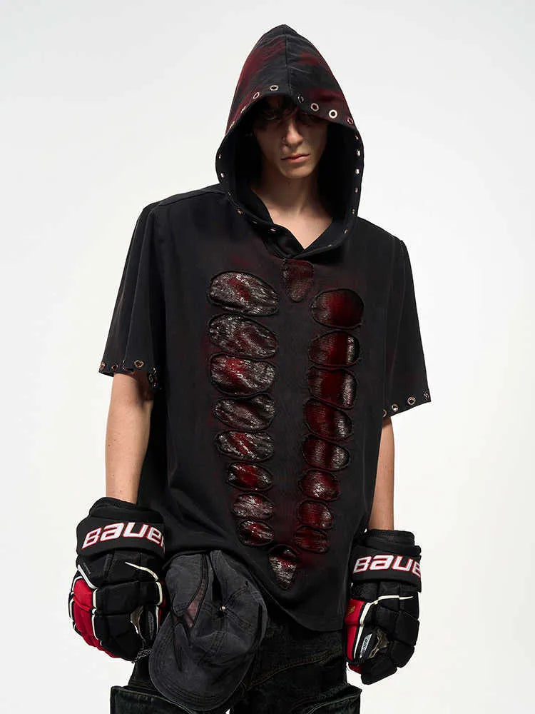 Black men's loose-fit hooded T-shirt with short sleeves and sequin decoration