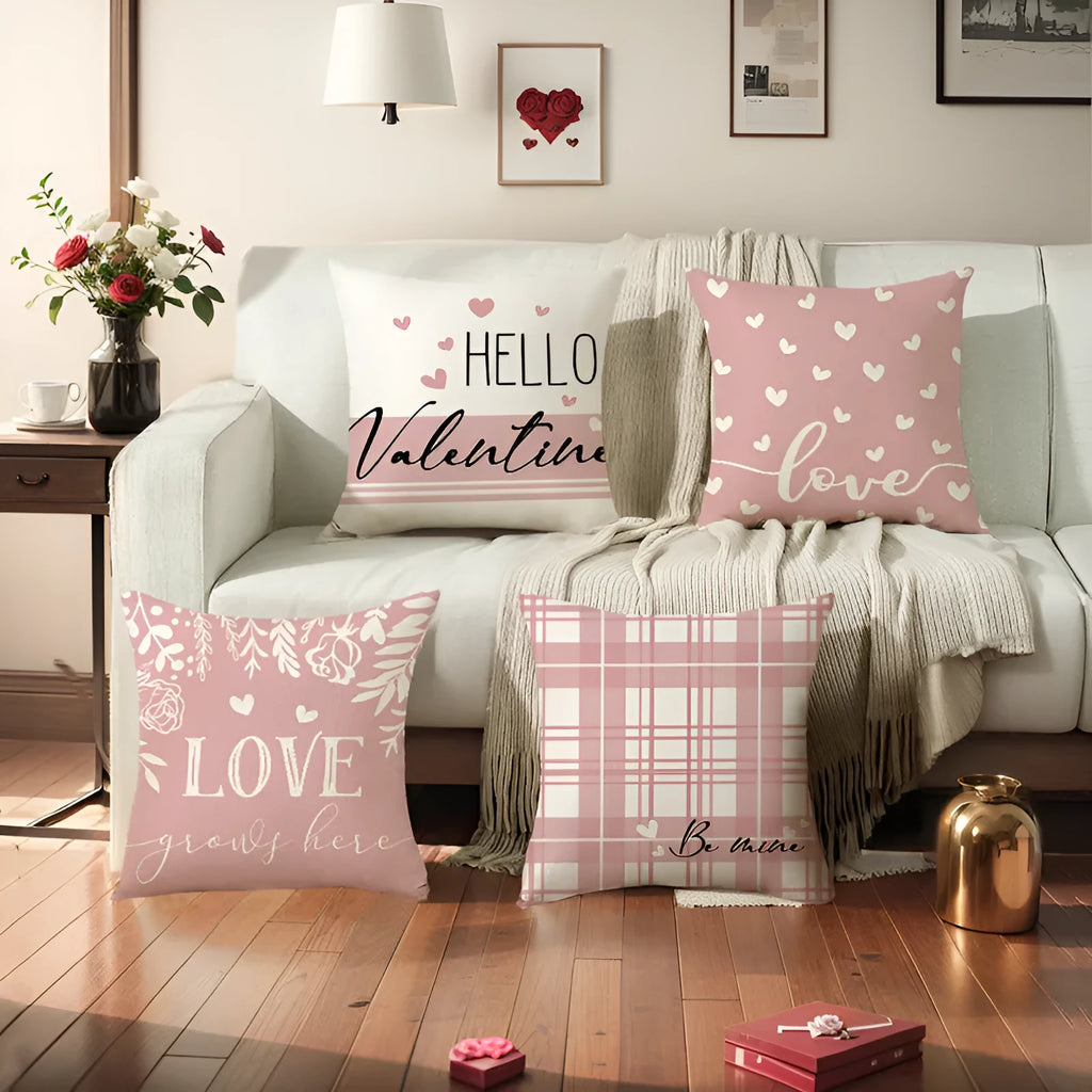 Red and white plaid heart print on a square pillow cover for Valentine's Day decoration.