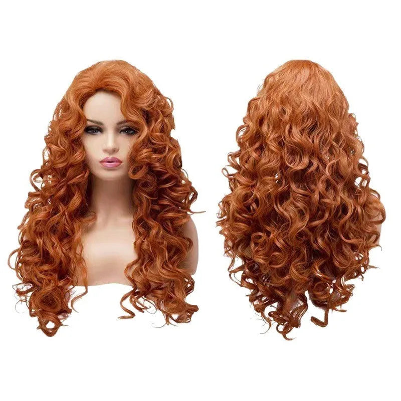 Brown long synthetic wig with tight, fluffy instant noodles-style curls for cosplay.