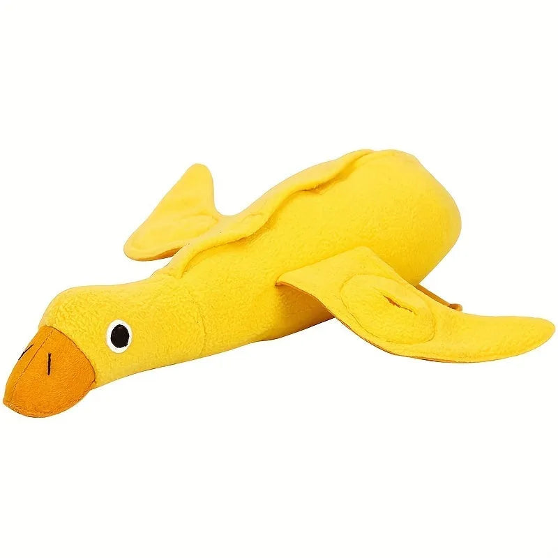 Yellow teddy dog toy with an attached duck doll, showing integrated food leak pockets for treats.