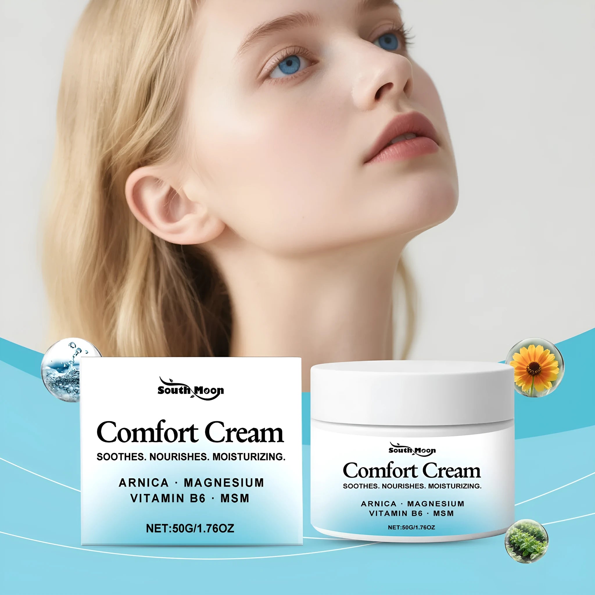 50g jar of gentle hydrating moisturising cream for body skin care.