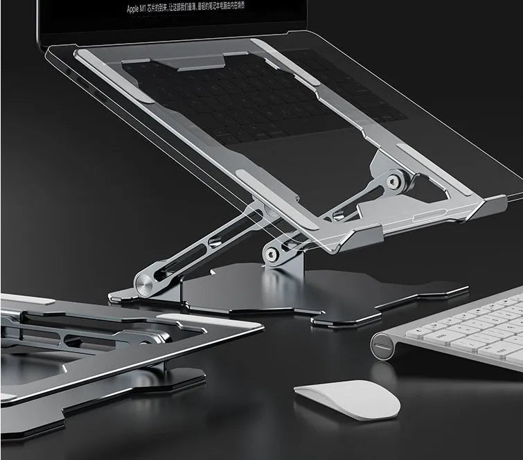 Grey aluminium adjustable laptop stand with folding design for portable use