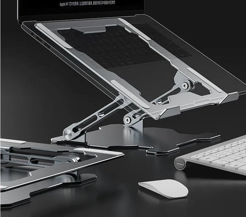 Grey aluminium adjustable laptop stand with folding design for portable use