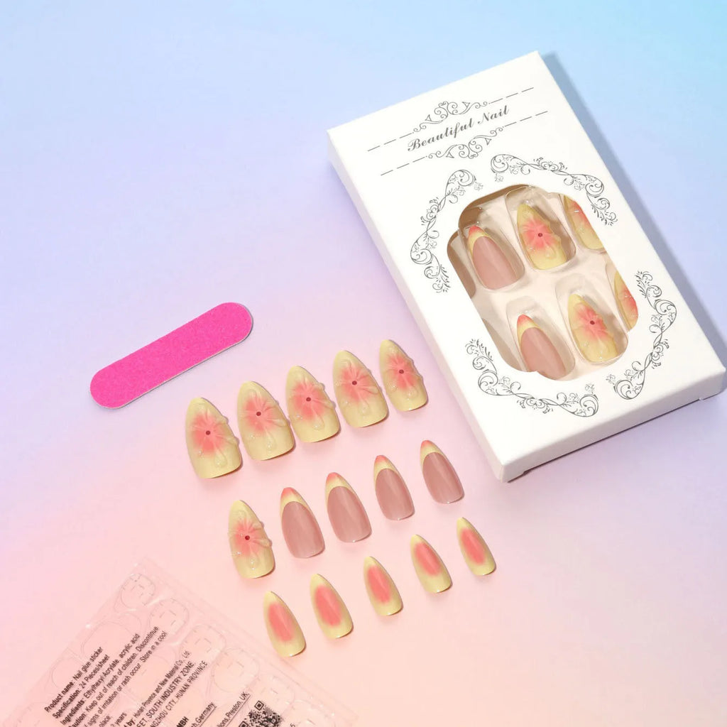 Cartoon style 3D floral plastic nail armour piece for fake nails, with jelly glue and filing strip.