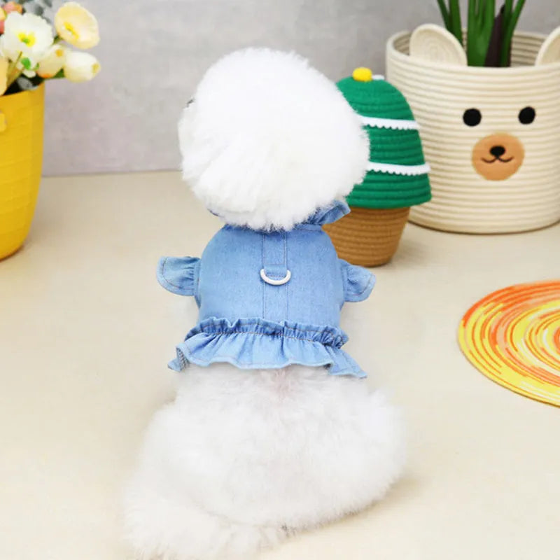 Blue denim dog dress with ruffles and integrated leash hooks on the chest and back.