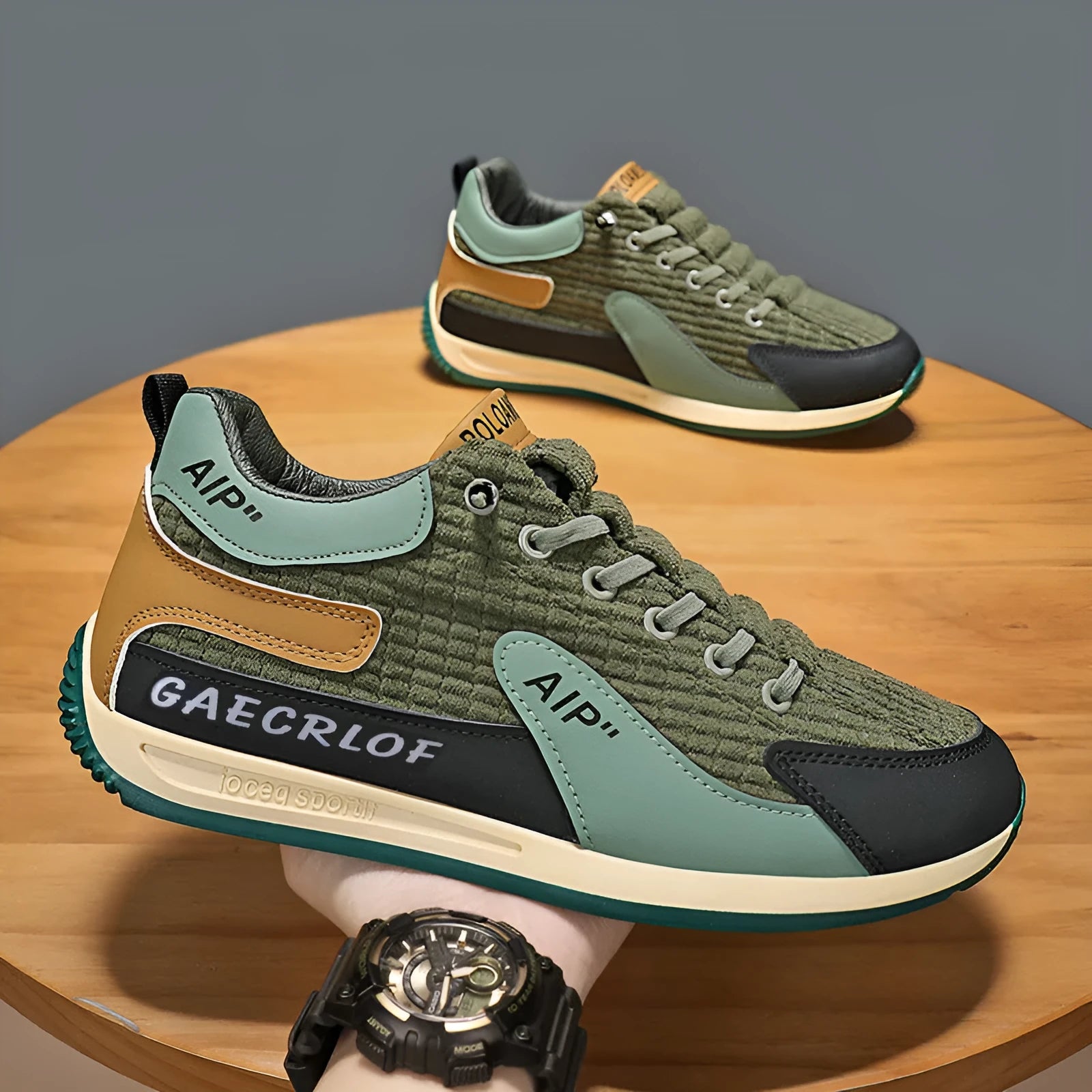 Men's grey and green mesh running shoes with round toe and lace-up design shown from side view