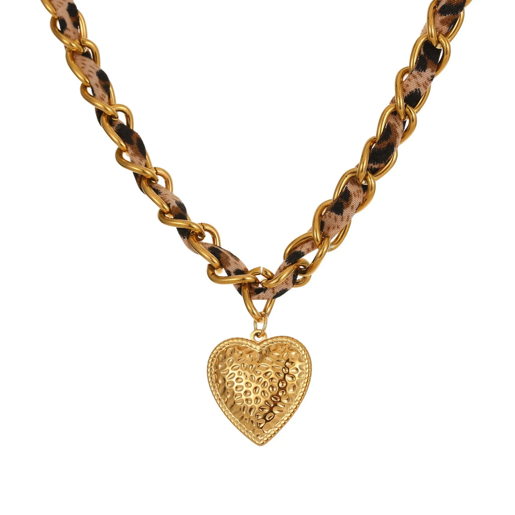 Geometric leopard love pendant on stainless steel chain with 18K electroplated finish