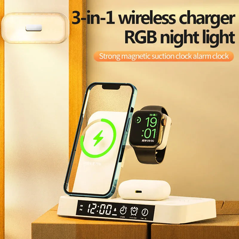 White foldable wireless charging station showing phone charging pad, watch charger, alarm clock display and RGB night light