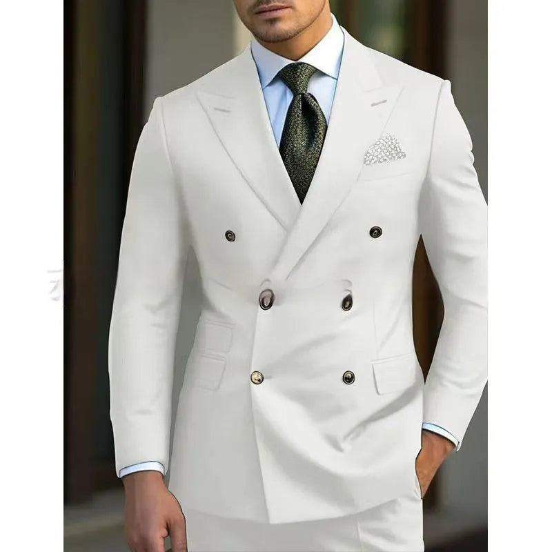 Men's light business two-piece suit in a cotton blend fabric, shown in navy blue.