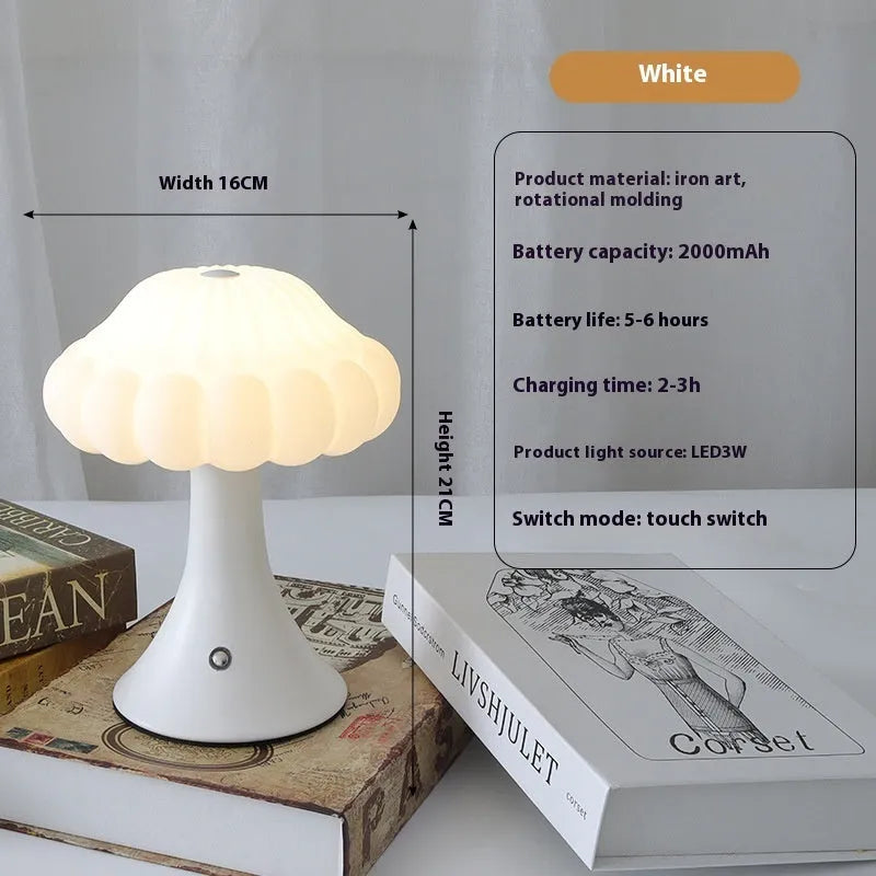 Mushroom-shaped touch lamp with USB charging in wood grain colour