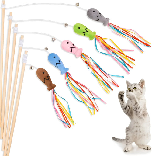 Cat wand toy with colourful ribbons, catnip fish attachment, and bell on wooden handle