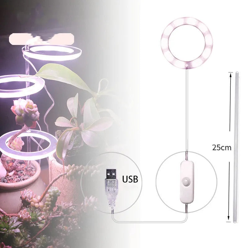 USB-powered LED plant grow light with full spectrum yellow LEDs, acrylic mounting stick, in pink/white colour.