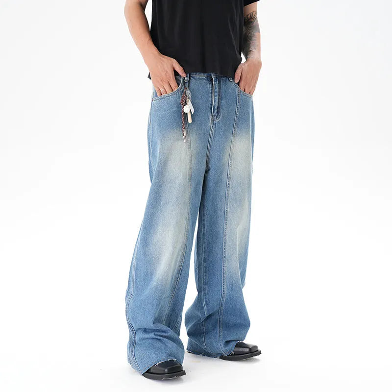 Light blue vintage washed wide leg jeans with zipper closure on mannequin