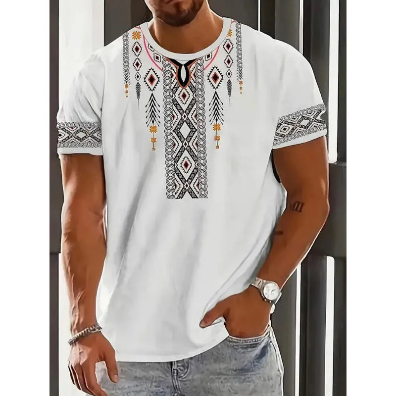 Man wearing a loose-fit short-sleeved T-shirt with a digital 3D printed stripe pattern in a casual setting.