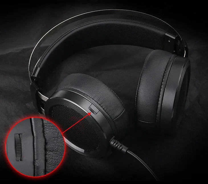 Black wired over-ear computer gaming headset with 2 metre cable and 3.5mm audio jack connector