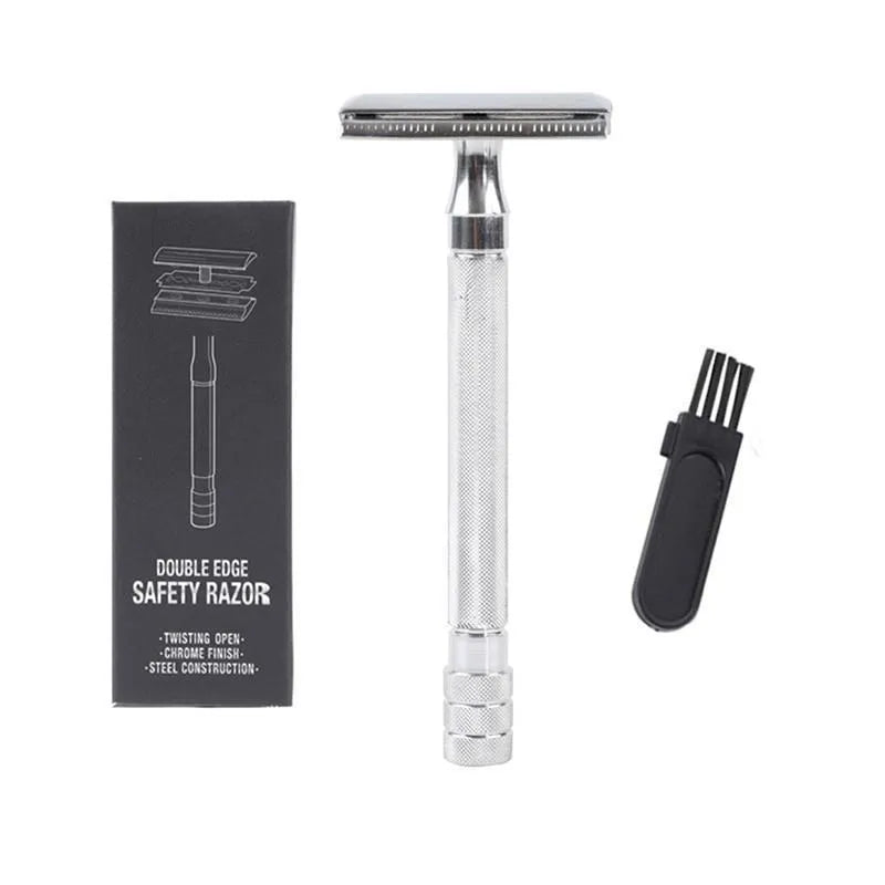 Traditional manual shaving razor with brush set in black or silver finish