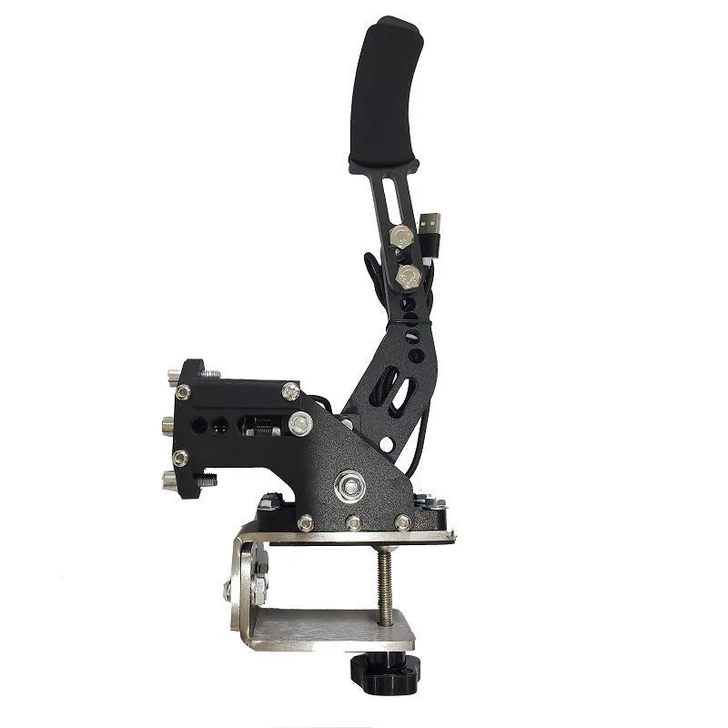 Black USB linear handbrake with aluminium mount for PC racing games next to a steering wheel.