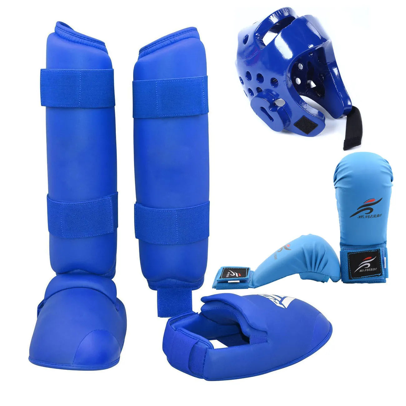 Karate and taekwondo protective gear set with leg guard, helmet, and boxing gloves in red or blue