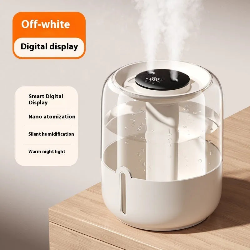 Beige round USB humidifier with dual spray outlets, humidity display and 3.7L capacity