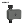 Bluetooth smart garden sprinkler timer with hose connector and smartphone showing watering app
