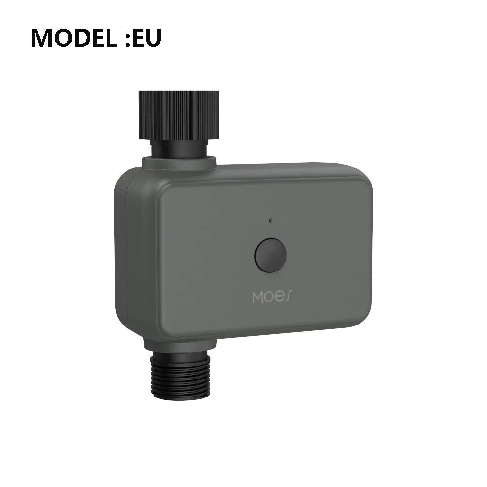 Bluetooth smart garden sprinkler timer with hose connector and smartphone showing watering app