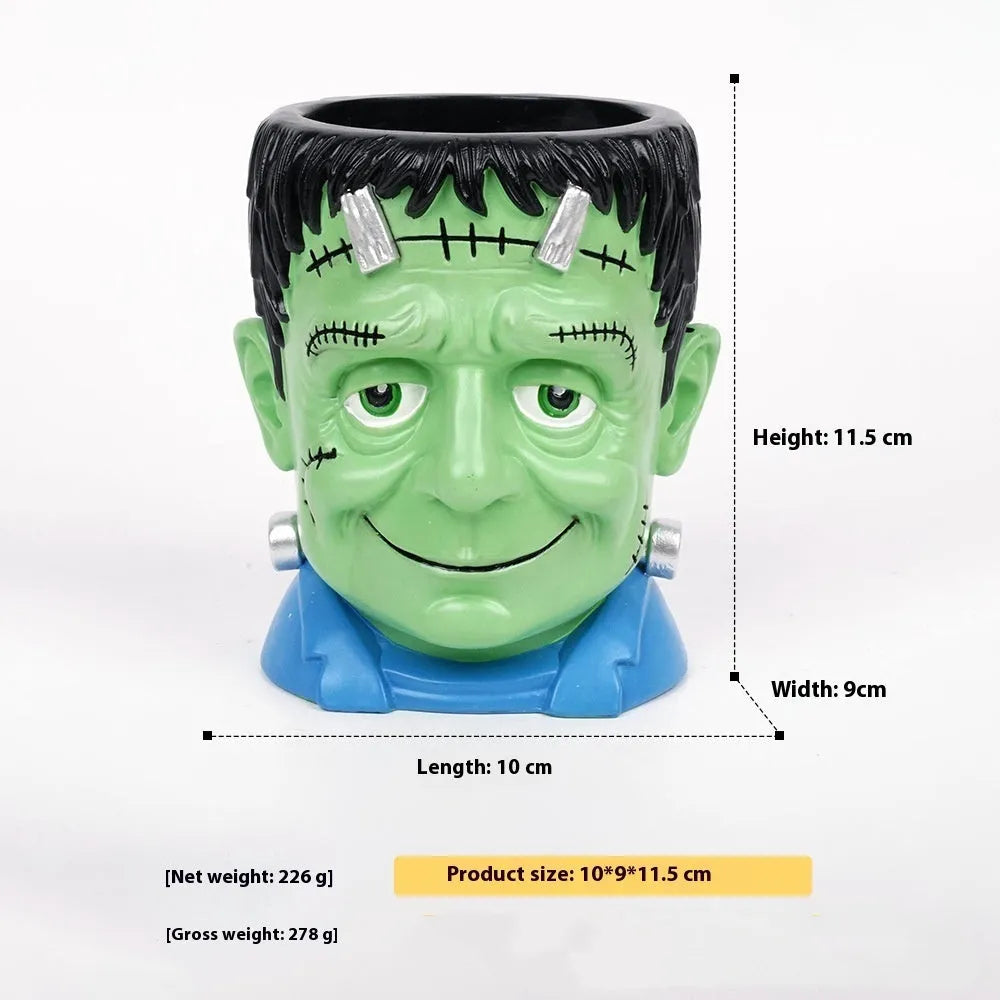 Hand-painted Halloween resin decoration cartoon flower pot in bandage zombie, ghost, Frankenstein, and death skull designs.