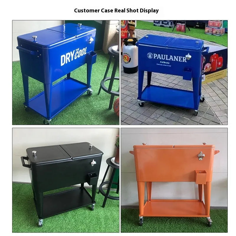 Red outdoor metal insulated cart with wheels, shown as a portable cooler or ice bucket.