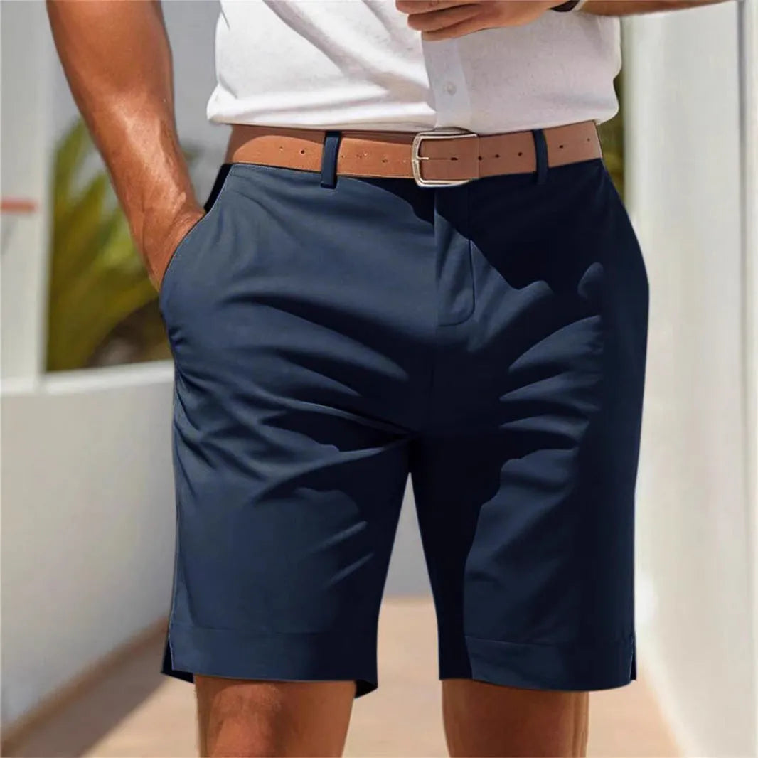 Men's light grey business suit shorts with straight-leg cut on a hanger.