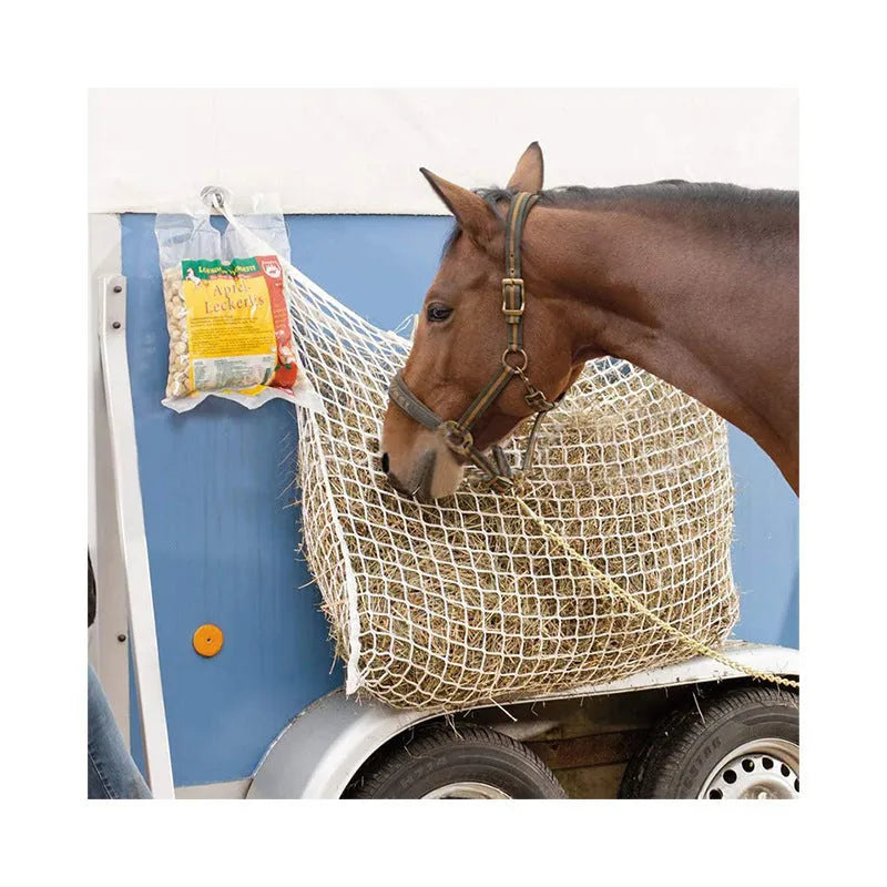 Woven grid horse hanging feeding bag in black colour with PE rope construction