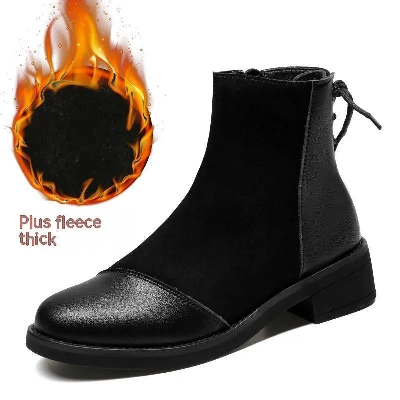 Black women's over-the-knee Martin boots with side zipper and decorative bow.