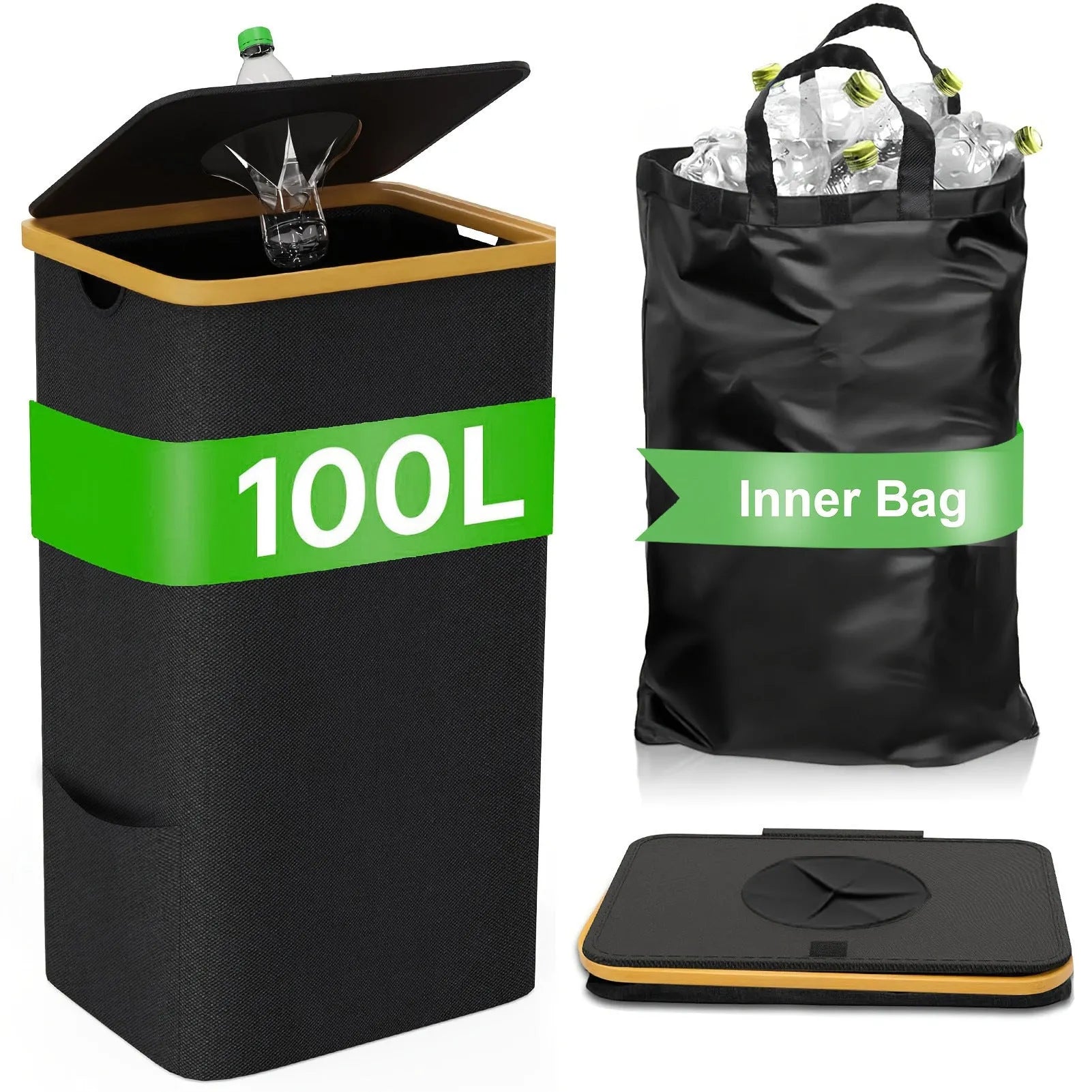 Black bamboo storage basket with lid showing ventilation holes and internal pockets