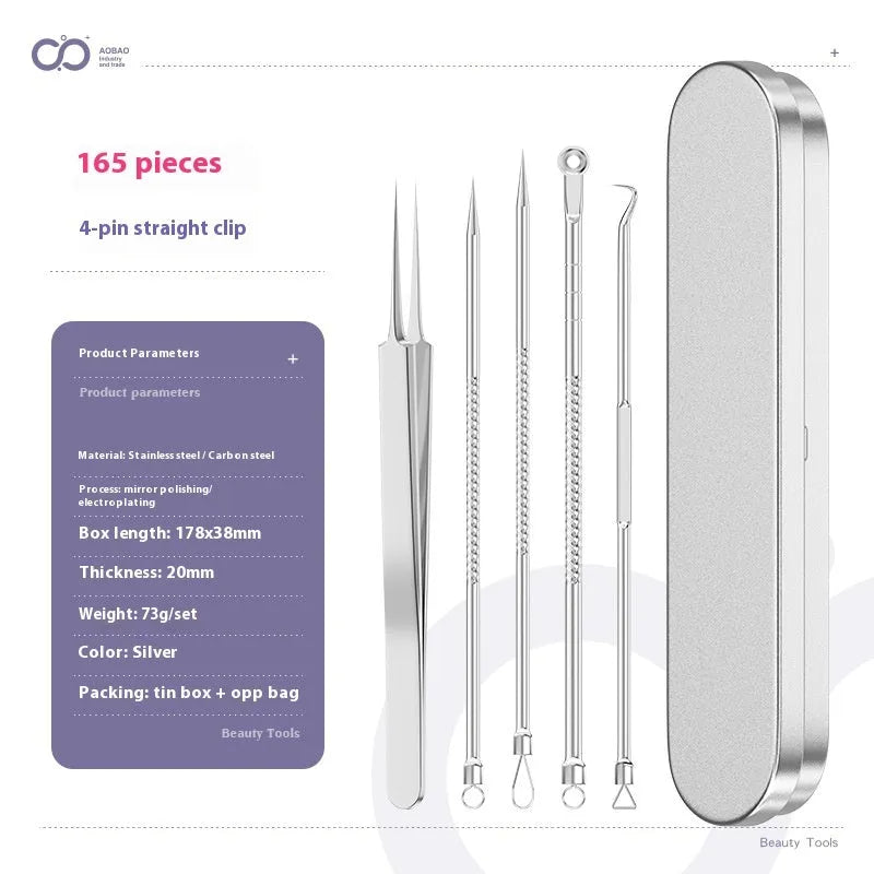 Four silver metal acne needles with pointed tips laid out on a flat surface.