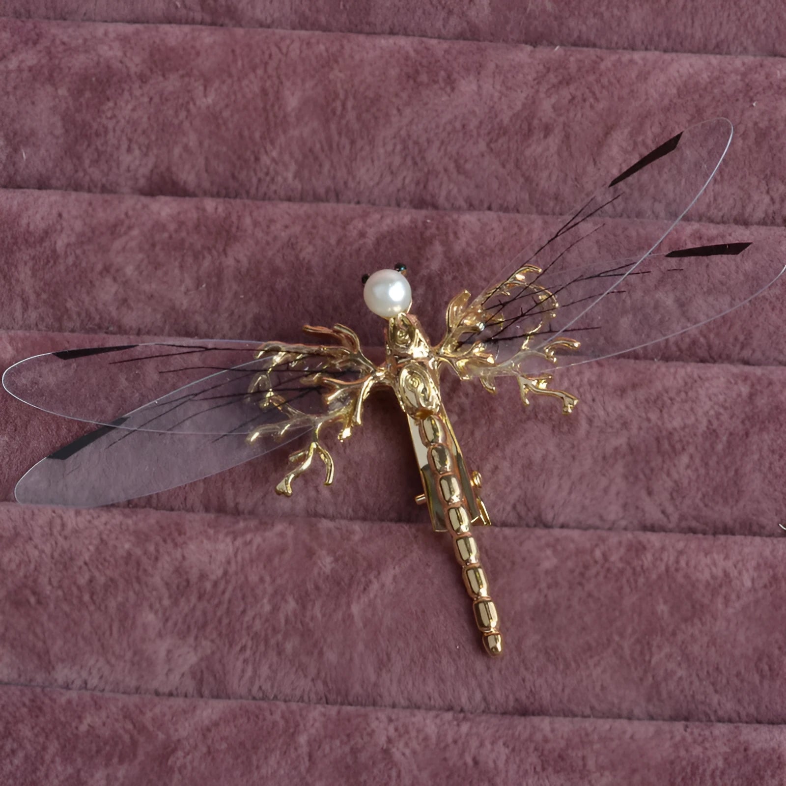 Golden dragonfly side clip headdress hair accessory with alloy construction and electroplated finish