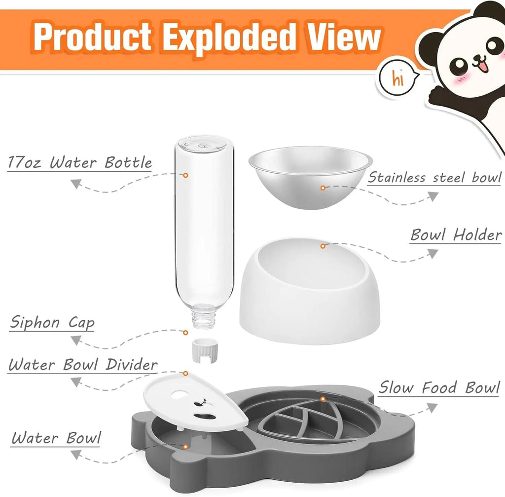 Grey elevated pet feeder with tilted stainless steel bowls and a panda-shaped automatic water bottle for cats and small dogs.