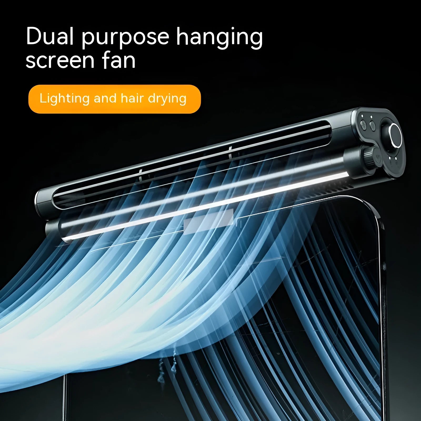 Black bladeless clip-on laptop fan with integrated lighting lamp attached to computer screen