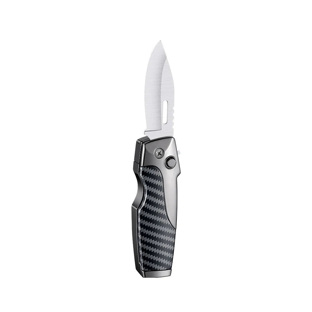 Zinc alloy folding lighter tool with integrated knife in a black wood grain finish.