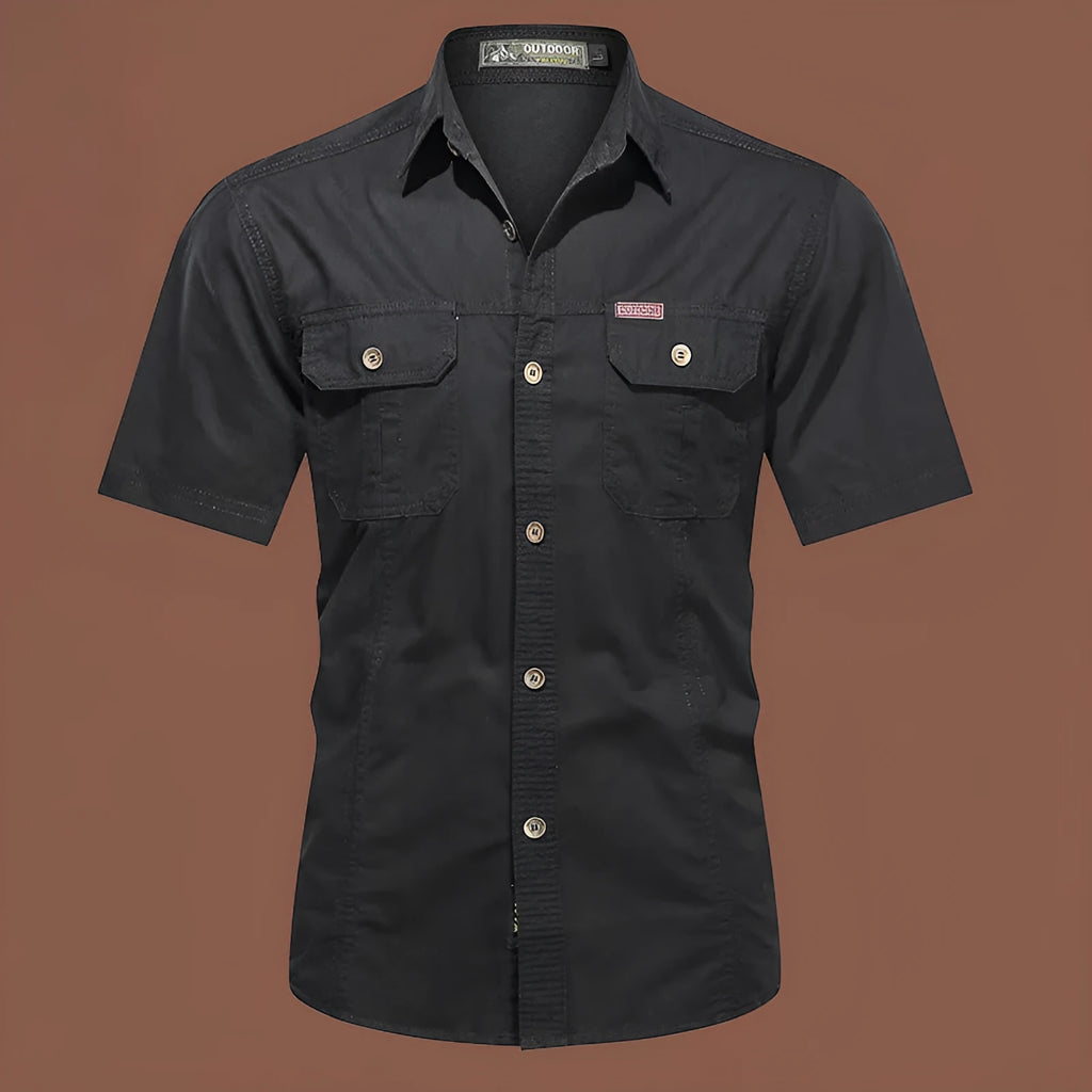 Men's loose fit cotton short sleeve work shirt in cardigan style on a hanger