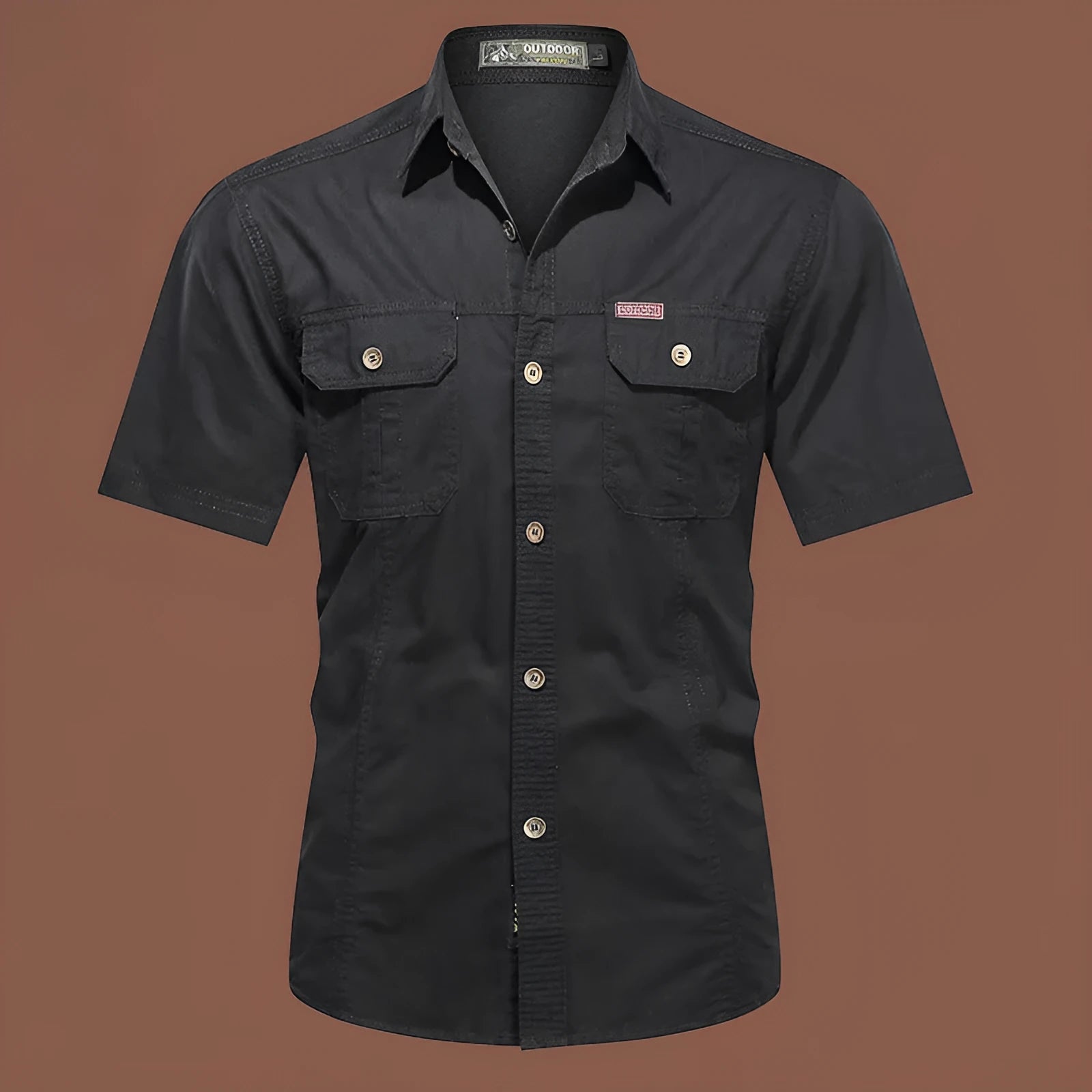 Men's loose fit cotton short sleeve work shirt in cardigan style on a hanger