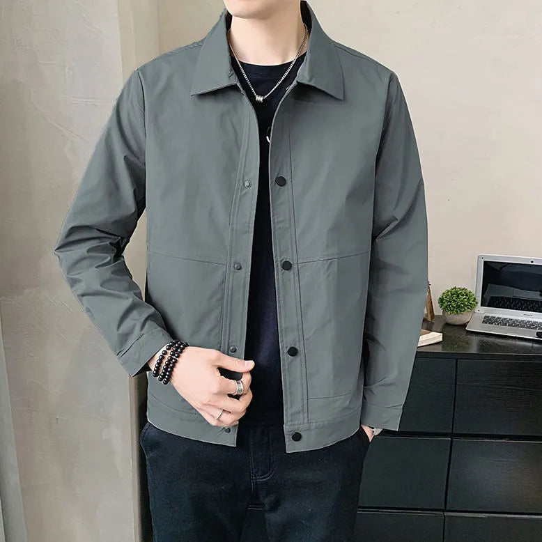 Men's single-layer Korean style jacket in polyester, shown in light gray, suitable for spring and autumn.