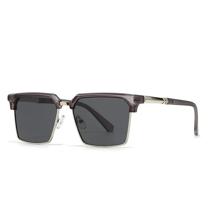 Men's square sunglasses with plastic frames shown in six colour options including black, grey, tea, green and blue variations