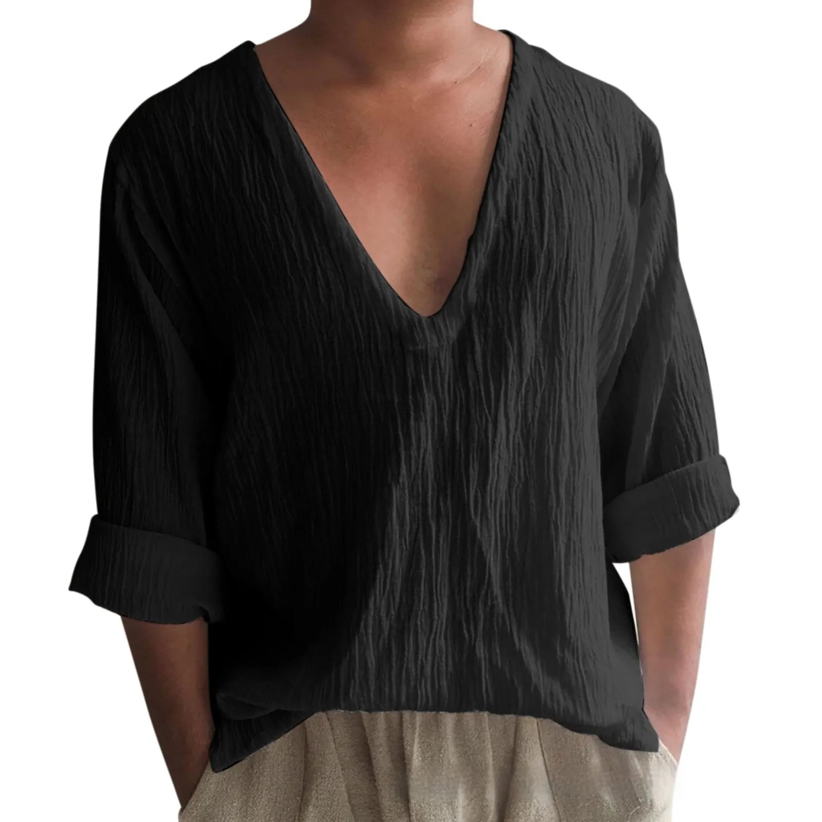 Men's washed cotton long sleeve V-neck t-shirt in solid colours on a hanger.