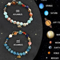 Set of twelve natural stone beaded zodiac bracelets showing adjustable astrology designs for all twelve signs