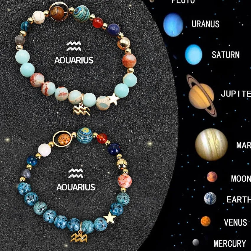 Set of twelve natural stone beaded zodiac bracelets showing adjustable astrology designs for all twelve signs