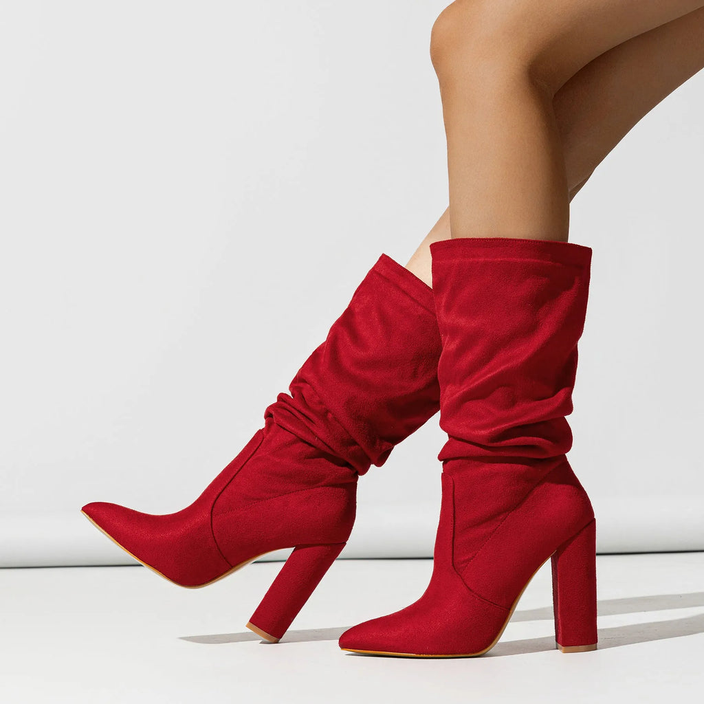 Women's black suede pointed-toe boots with chunky heel and mid-calf shaft height