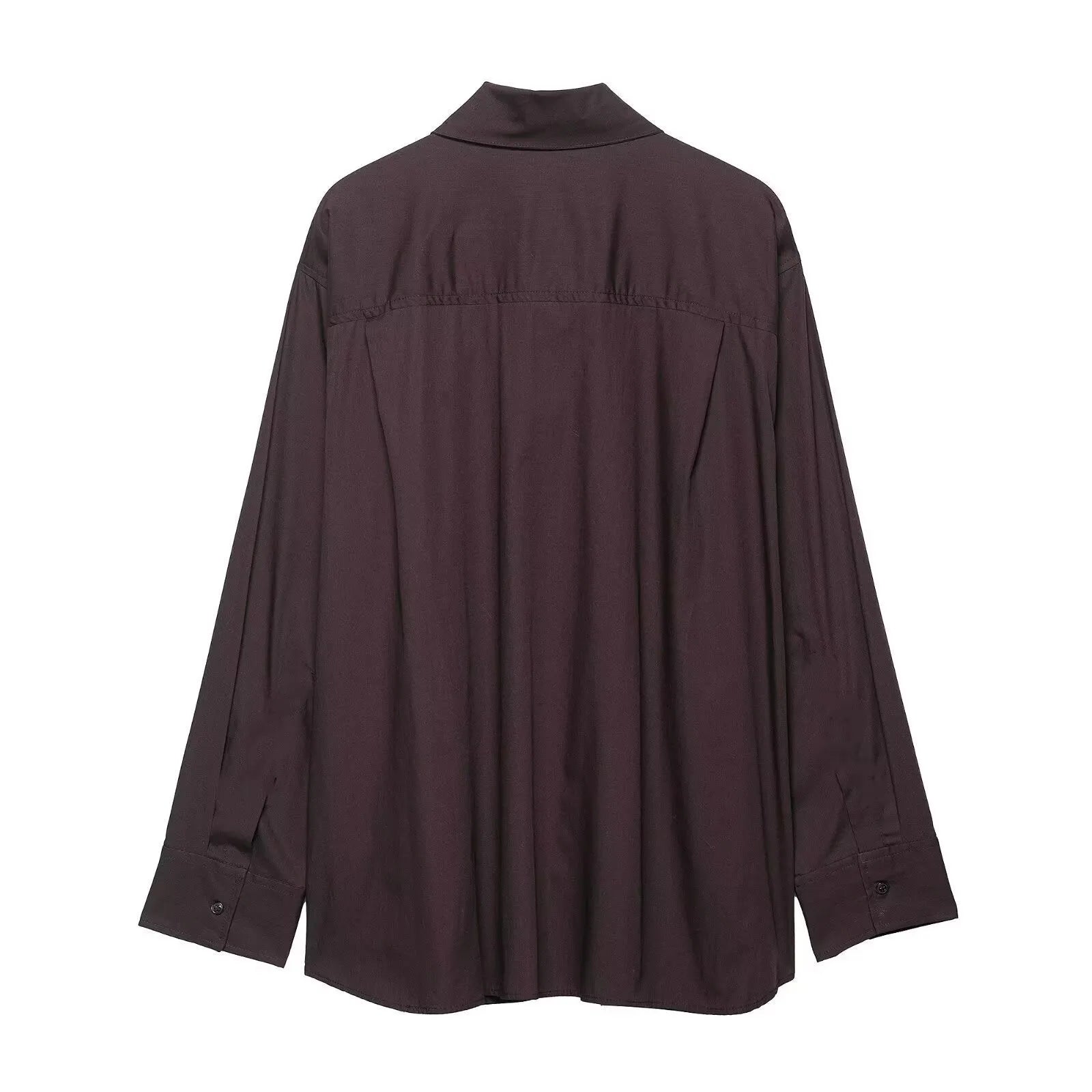 Brown women's cardigan-style shirt with long sleeves and a built-in bow tie scarf detail