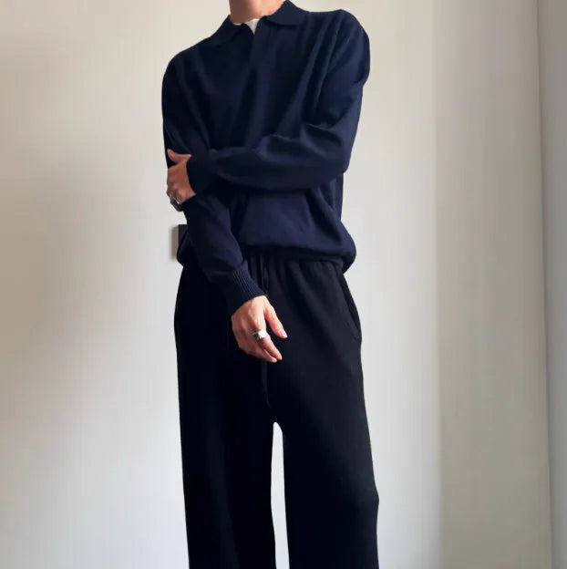 Pure wool POLO sweater with lapel collar in loose fit, shown in milky white and navy blue colour options
